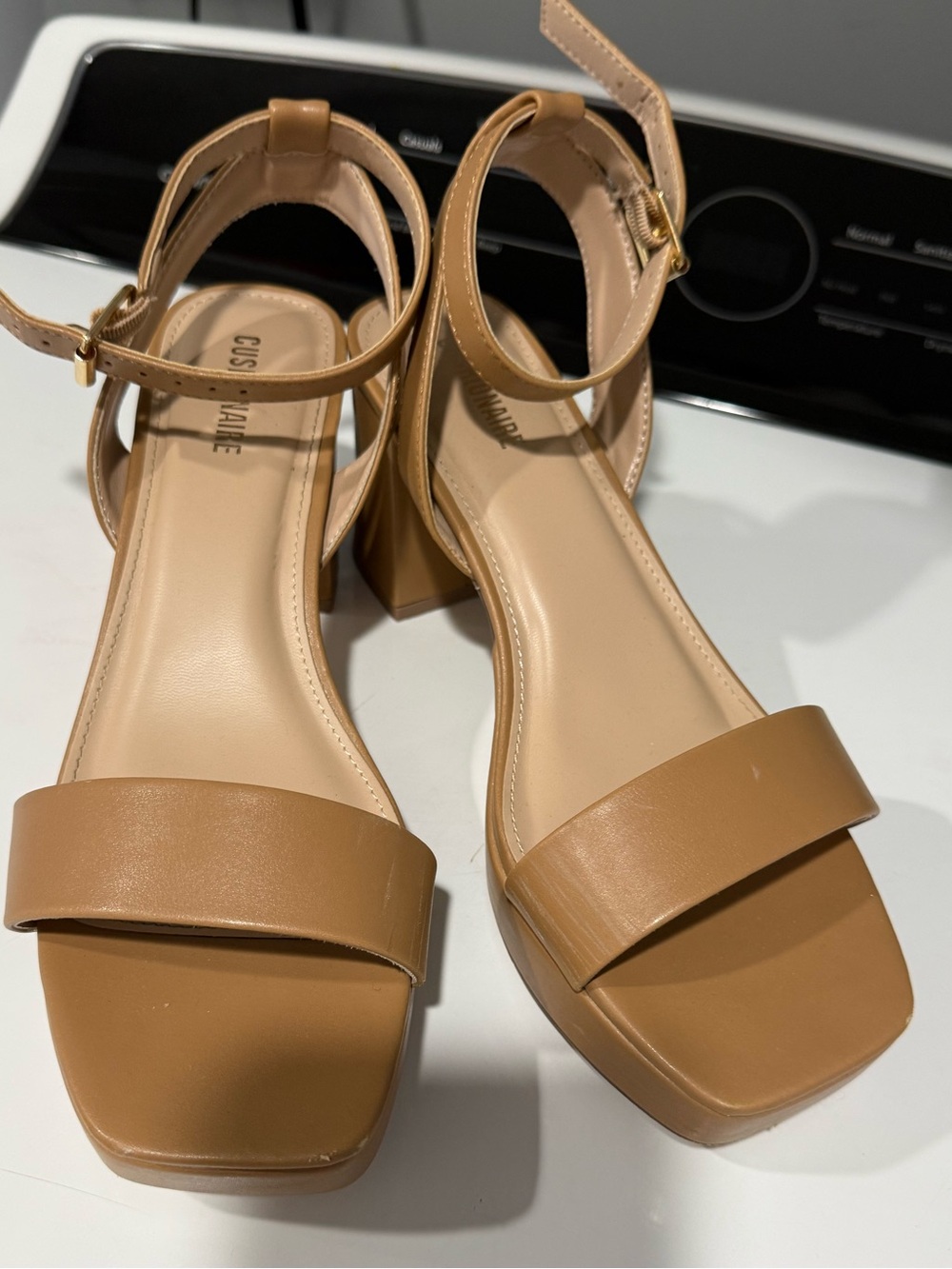 Cushionaire Women's Tan Ankle-Strap Block Heel Sandals
